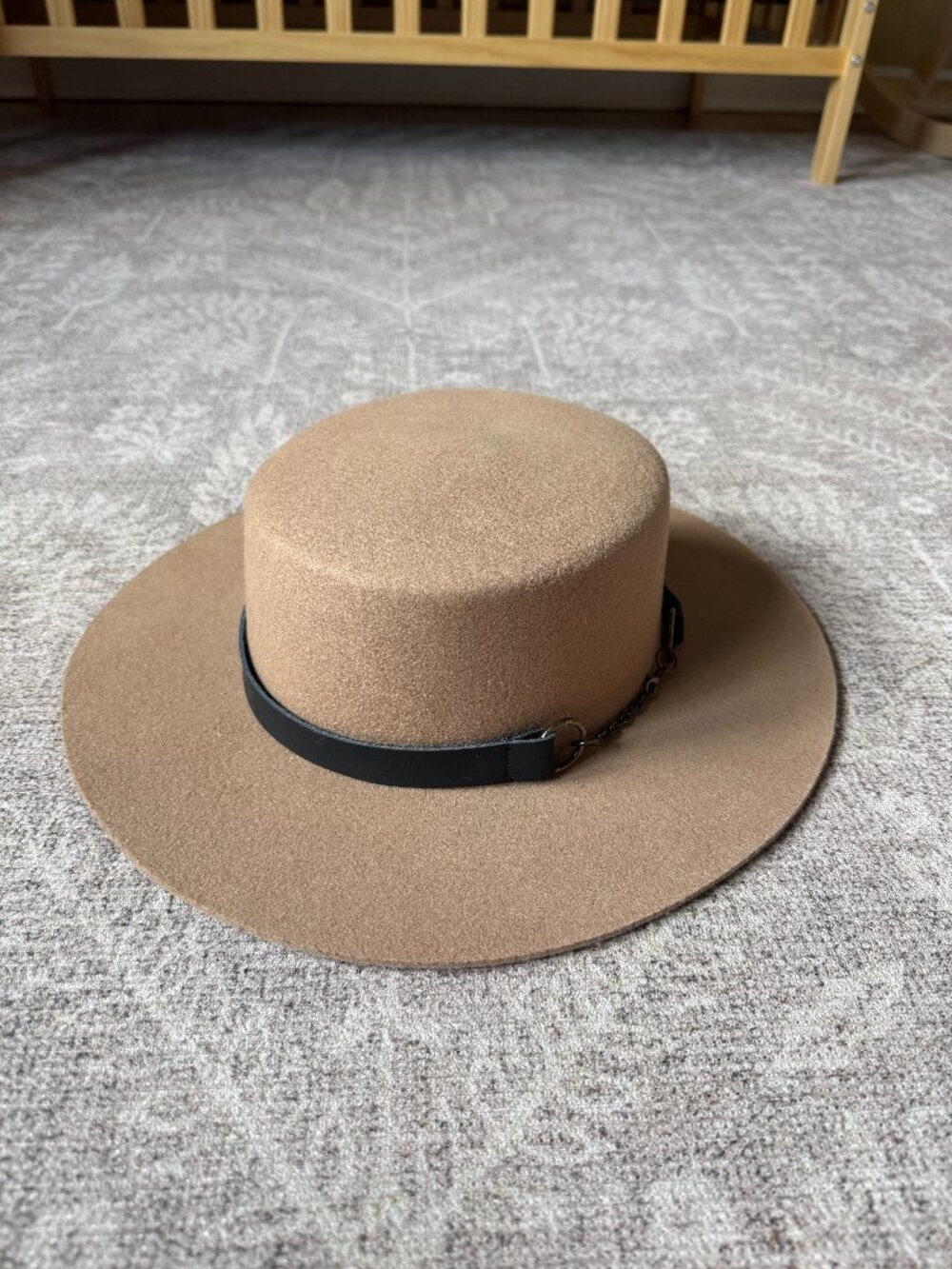 Gigi Pip Australian Wool Wide Brim Fedora Hat W/ Black Leather Chain Band 59 M/L